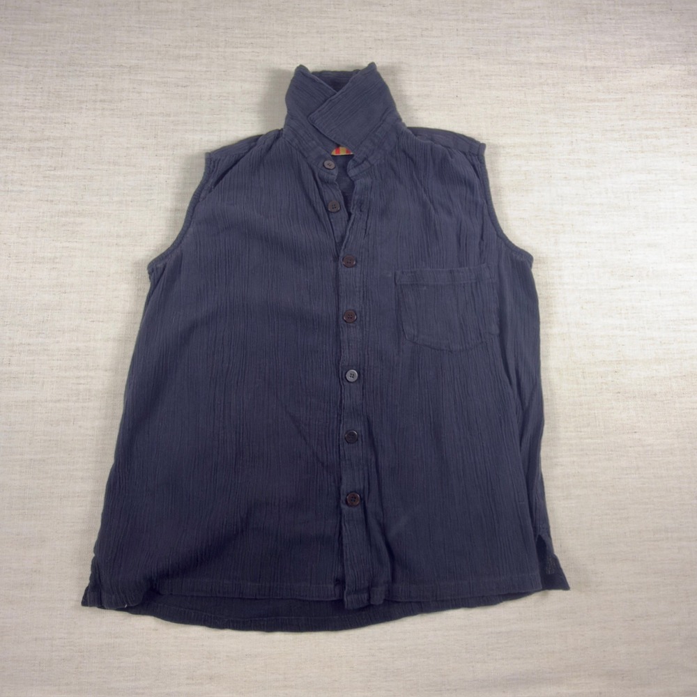 Men America Sleeveless Button Down Shirt M Navy Blue Cotton Gauze Crinkle ED-29